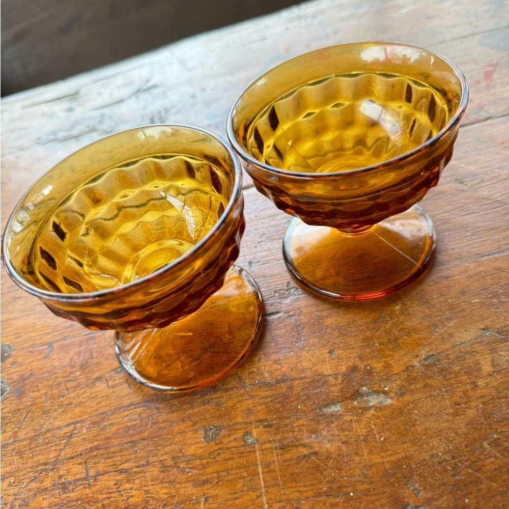 2 Vintage Indiana Amber Glass Whitehall Cubist Footed Sherbet Dish Dessert Bowls - Picture 2 of 4
